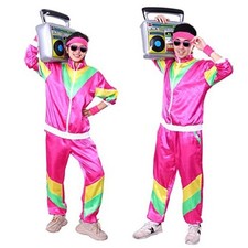 Color Block 5 Piece 80s 90s Outfit for Women/Men, Unisex Long Medium Pink