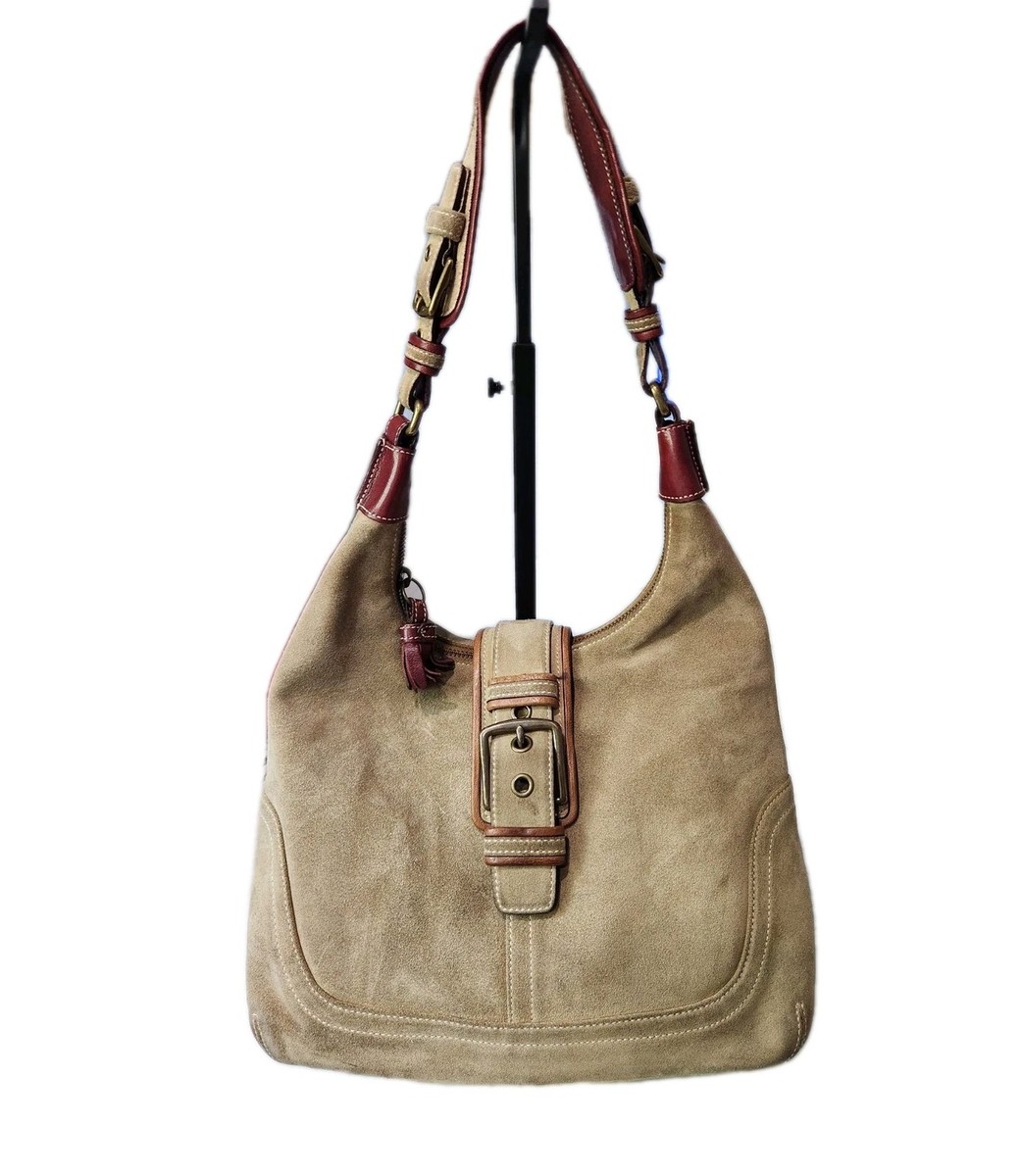 Vintage Coach Hamilton Hobo Shoulder Bag Suede Beige / Burgundy
