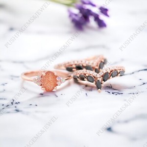 Authentic 925 Sterling Silver 8x6 mm Oval Shape Natural Sunstone Ring 3 Pcs Ring Set