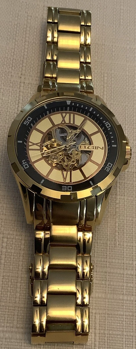 ELGIN MEN S STAINLESS STEEL AUTOMATIC GOLD SKELETON WATCH FG9040