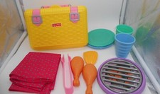 Vintage Fisher Price Picnic Basket with Accessories Cups Plates Grill Chicken
