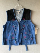 Napa Valley Women's Vest Jacket L Large Denim Full Zip Floral Embroidery #2245