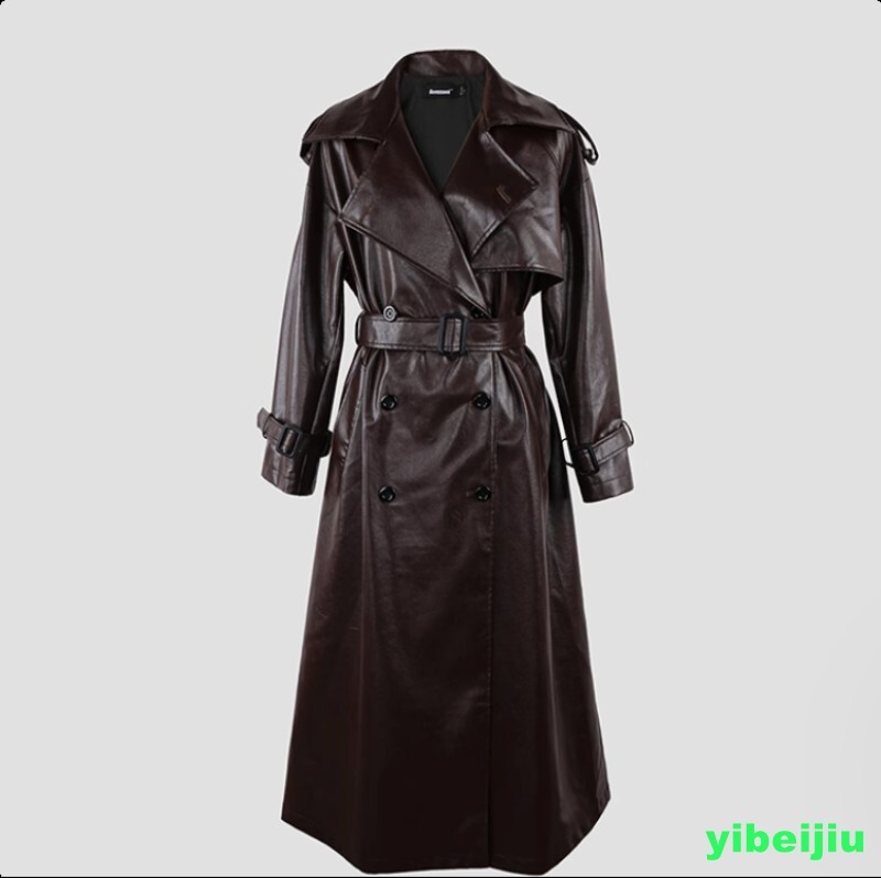 Women's Lapel Leather Coat Long Double Breasted Belted