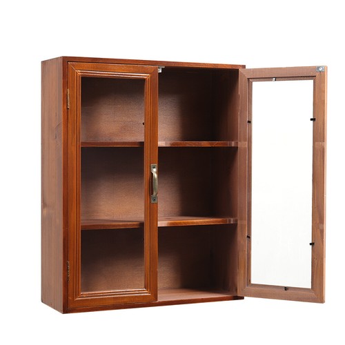 Wall Wooden Storage Cabinet Retro Clear Door Display Shelves Desktop Cupboard UK - Picture 6 of 12