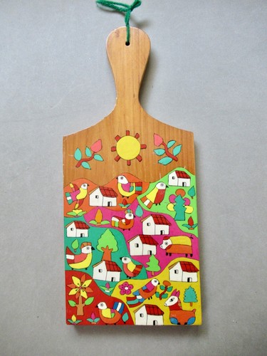 Hand Painted Birds & Village Scene Cutting Board El Salvador~L & Y Chacon