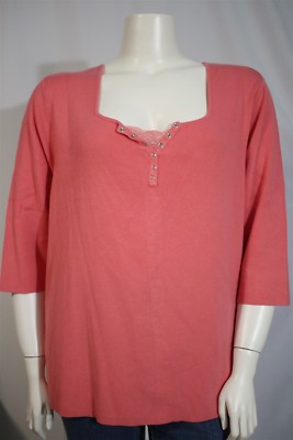 White Stag Woman Plus 26W 28W Pink Lace Snap Up Henley Knit Shirt Top