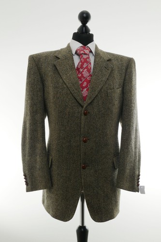 Harris Tweed Sakko Jackett 27 beige schwarz einreihig 3-Knopf Patches wie Neu