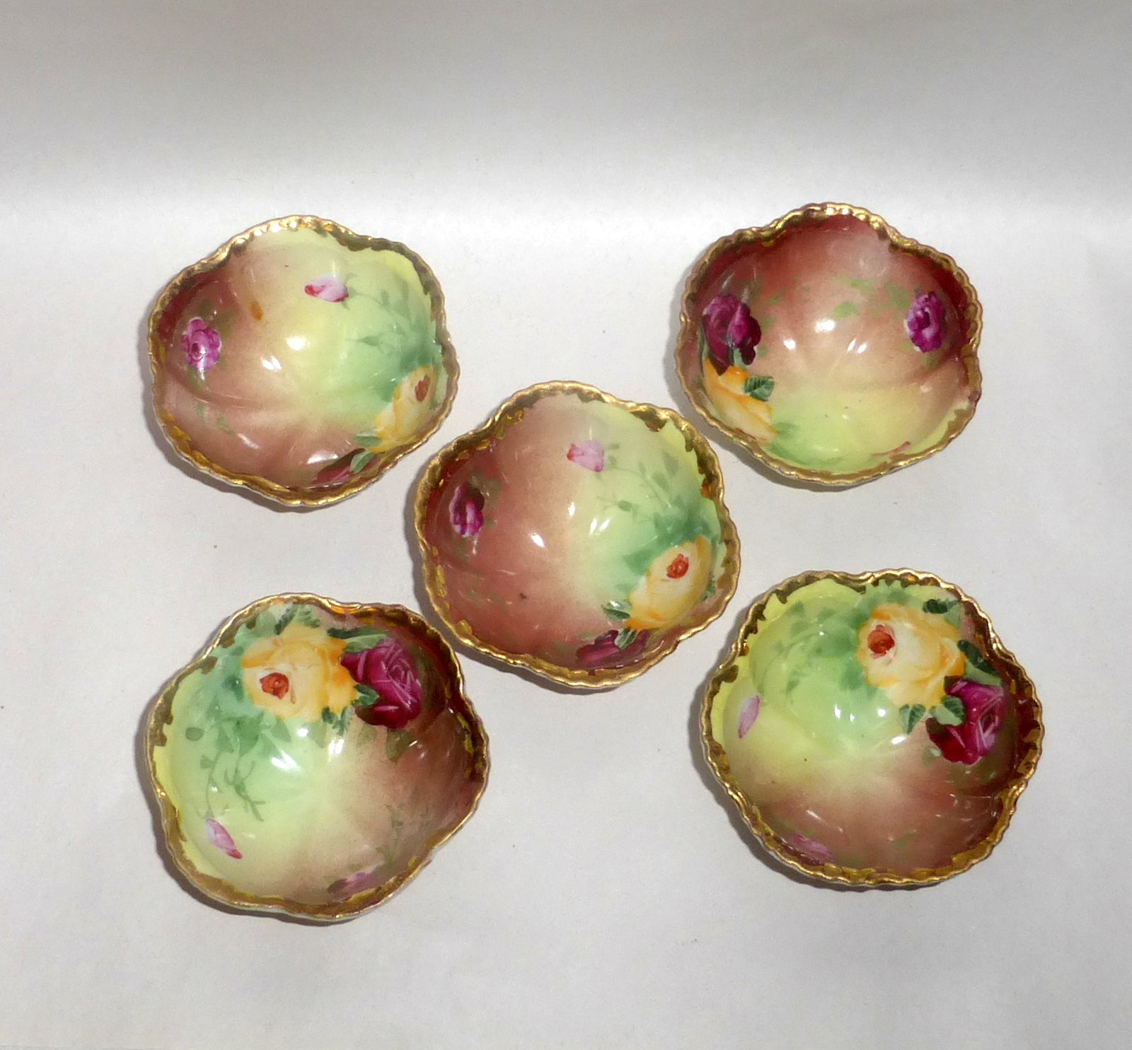 5 Antique Porcelain Nut Dish / Open Salt Dips Cellers Hand Painted Triple Legged eBay