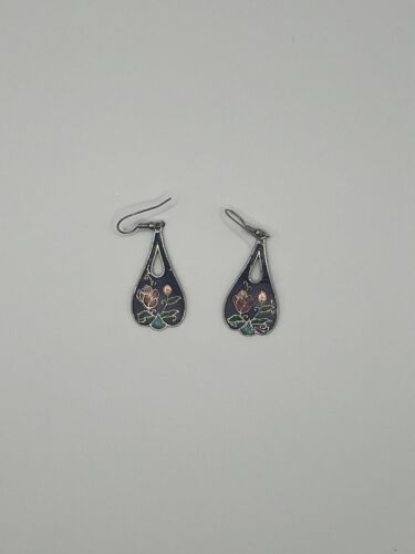 VINTAGE GENUINE CLOISONNE ART NOUVEAU MULTICOLOR BUTTERFLY & FLOWERS EARRINGS
