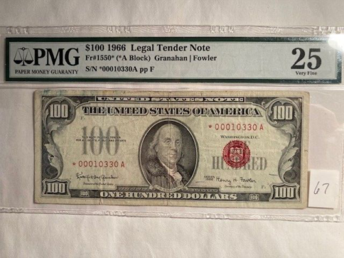 ONE $100. 1966 RED SEAL NOTE - FR1550 STAR - PMG VF25