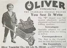1903 THE OLIVER Standard Visible Typewriter~Boy Pushes Wheel Barrow Vtg Print Ad thumbnail