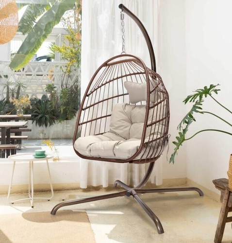 Soft Cushion Patio Wicker Rattan Hanging Egg Chair Foldable Hammock Stand Steel