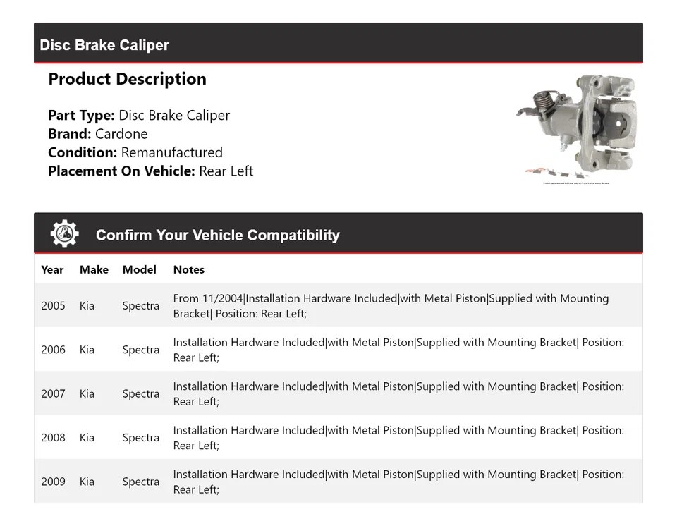 Pinza de freno de disco trasera izquierda cardone 2006 2007 2008 para Kia Spectra 2005-2009 Foto 2 de 4