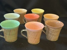 Vintage Raffia Ware Coffee Mugs Thermal Insulated Burlap MCM Set of 8