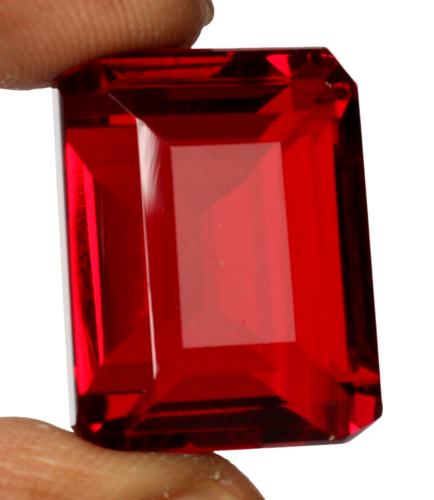 74.45 Ct. Mozambique Blood Red Ruby Emerald Cut Loose Gemstone Gift for Birthday - Picture 2 of 6