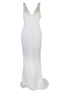 Adrianna Papell White Sleeveless Tiered Lace Gown