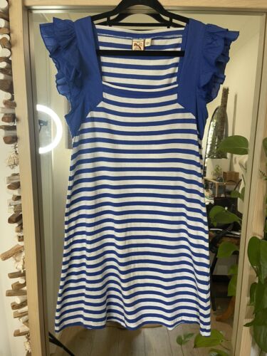 FRENCH CONNECTION DENIM Size 10 ~ Blue & White Striped Ruffled Stretch Dress - Picture 1 of 6