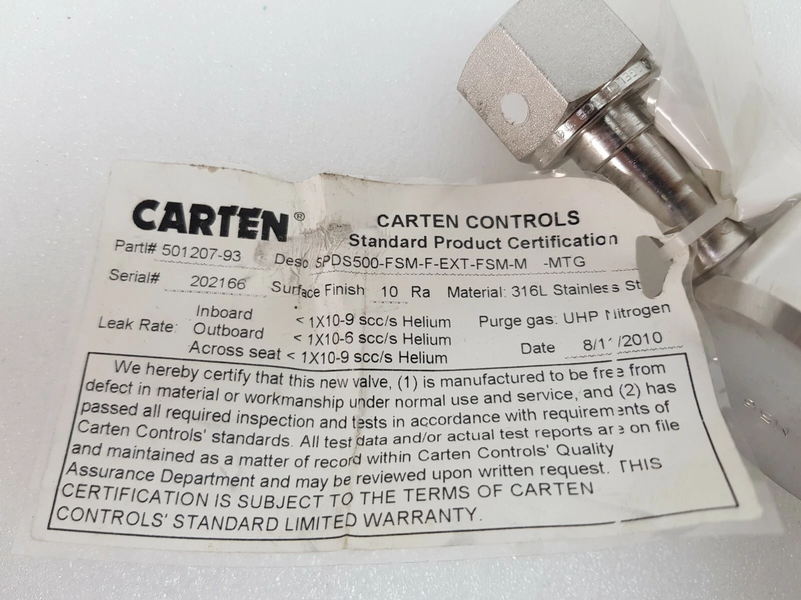 Carten Controls certificate for part 501207-93, SPDS500-FSM-F-EXT-FSM-M-MTG, 316L, 10 Ra