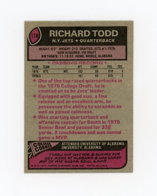 RICHARD TODD 1977 Topps Rc #118 New York Jets JM | eBay