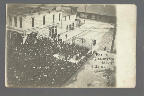 Crookston MINNESOTA RP 1908 PRESIDENTE CAMPAGNA TAFT DISCORSO Main Street folla  - Foto 1 di 3
