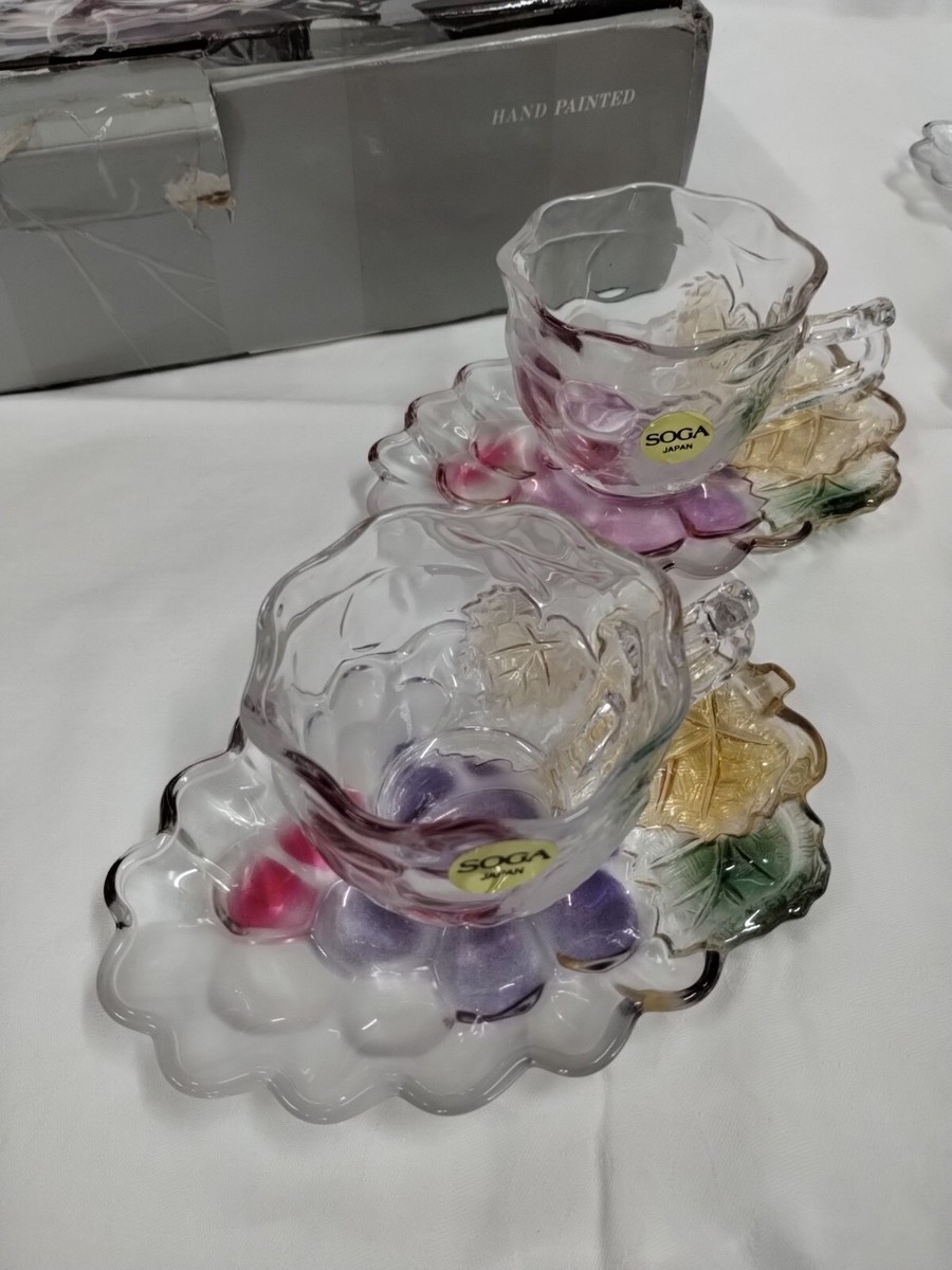 SOGA Japan 5 Set Glass Coffee Cup & Saucer Hand painted SOGA Japan 5 Set Glass Coffee Cup & Saucer Hand painted