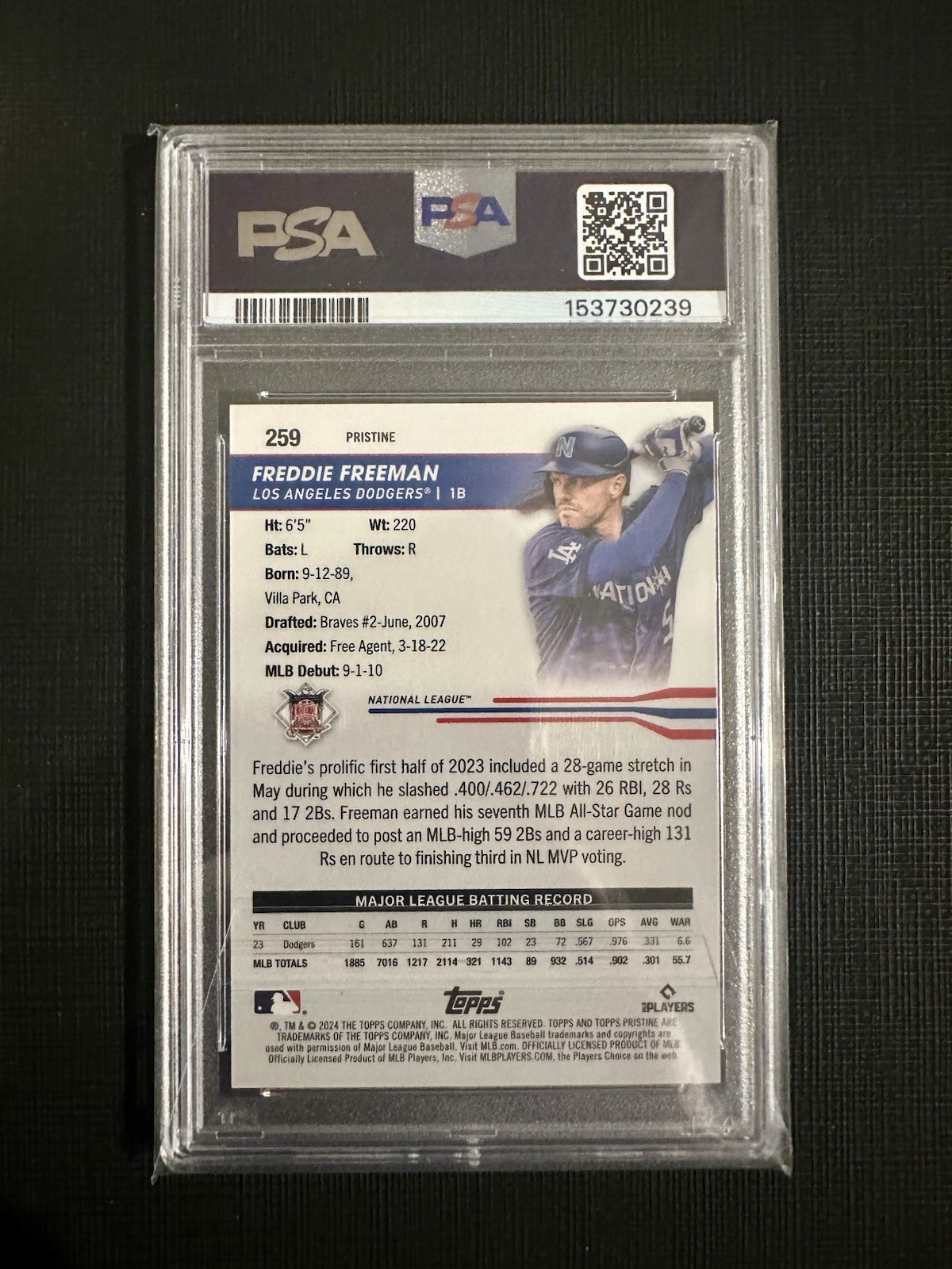 2024 Topps Pristine - All-Star Game Freddie Freeman #259 Pristine Blue /75 PSA 9 view 2