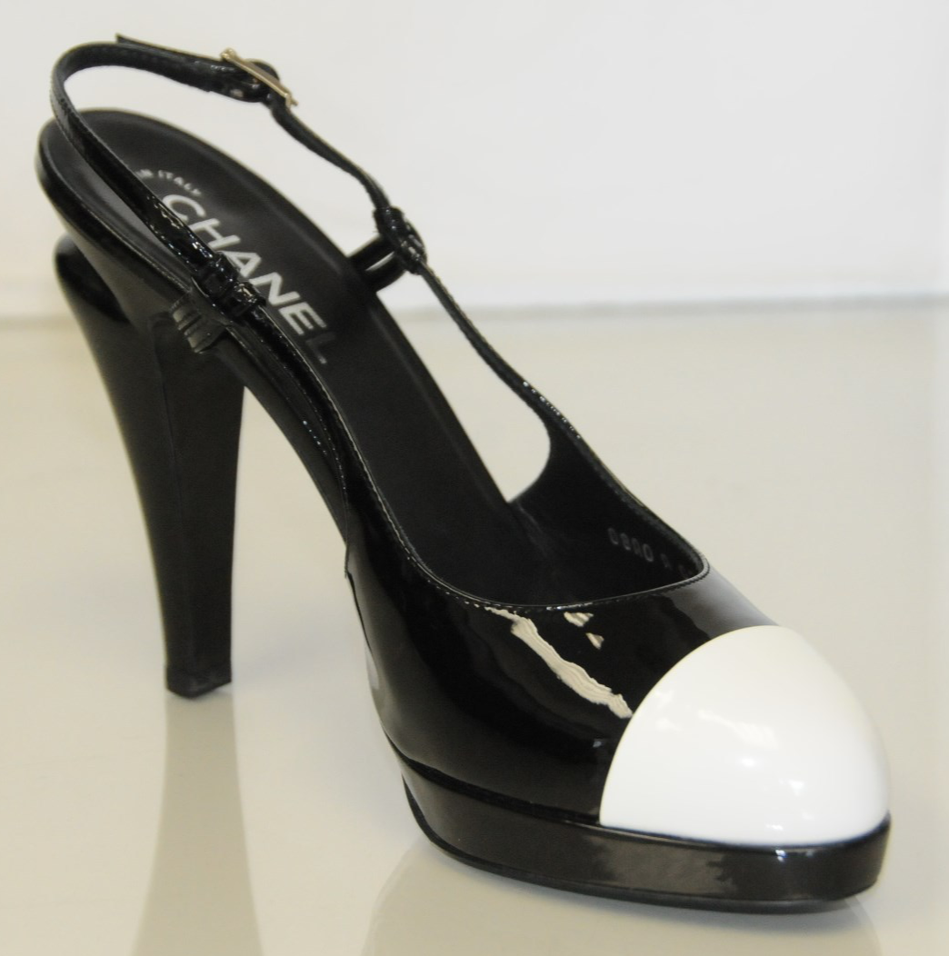 New Chanel Black White Patent Leather Ankle Straps Heels Pumps