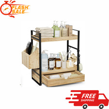 NEW 2-Tier Bathroom Counter Organizer Wooden Vanity Shelf with Drawer Basket