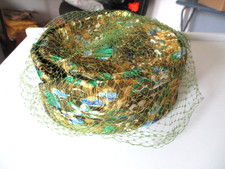 Vtg Womens Hat Union Made Pill Box w/Netted Veil Multi-Colored