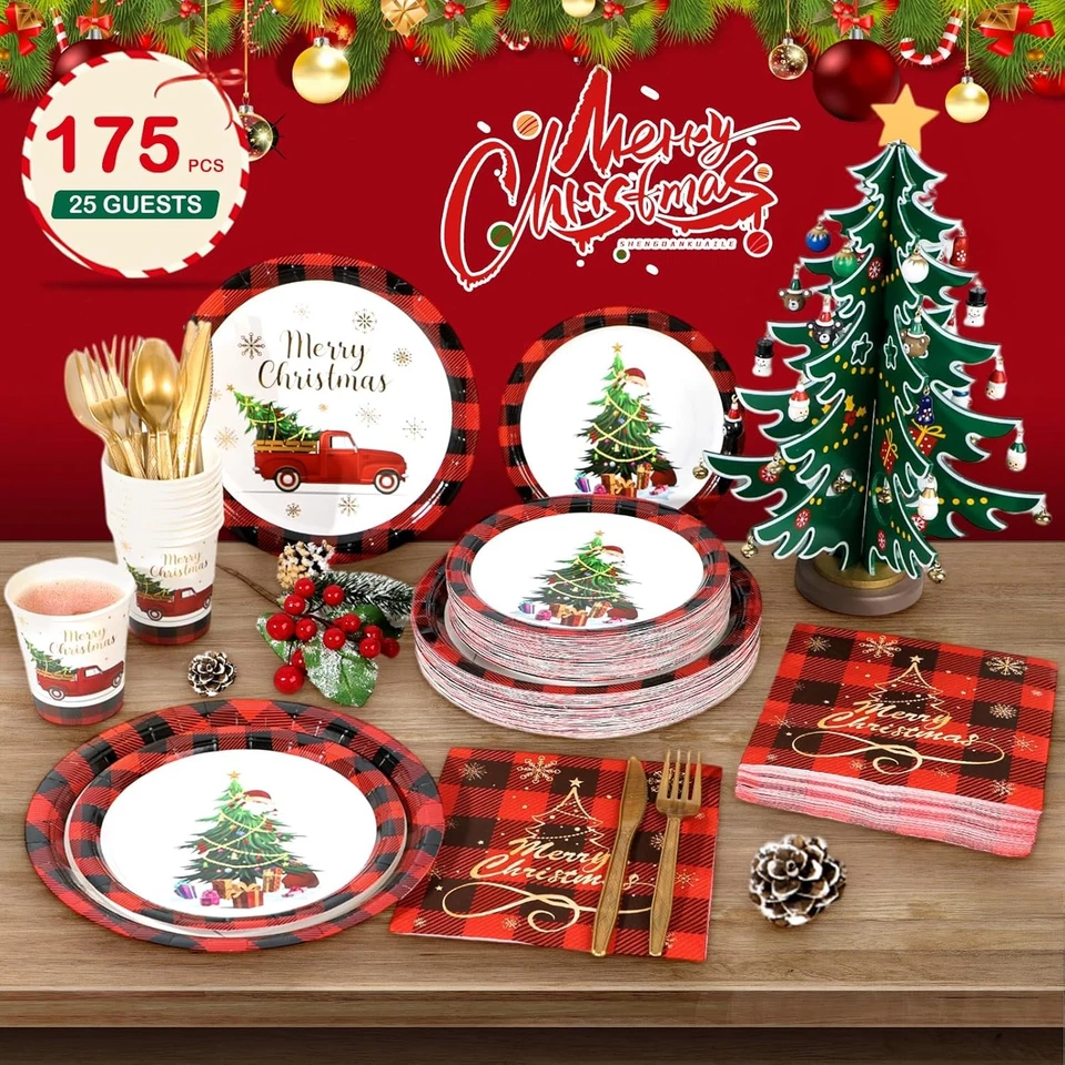 Conjunto de 175 peças de guardanapos para pratos de festa de Natal louça descartável para 25 convidados - Imagem 4 de 4