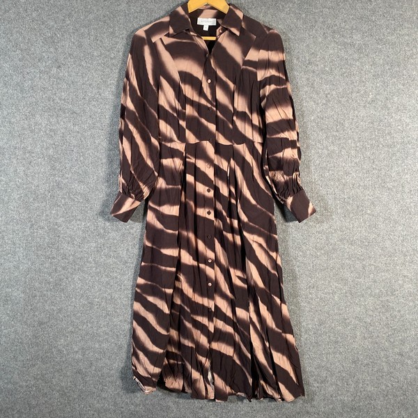 Witchery Dress Womens 10 Beige Brown Shirt Midi Wavy Formal Evening Cocktail E2
