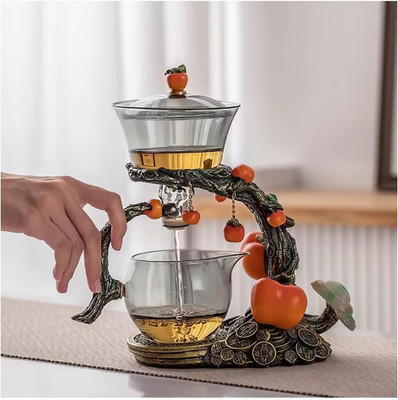 Magnetic Glass Kungfu Tea Pot Set with Infuser - Heat Resistant, Orange