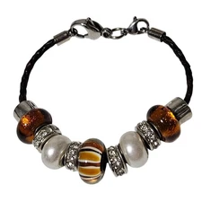 Elegant Brown White Beaded Bracelet Rhinestone Accents Boho Fashion Jewelry