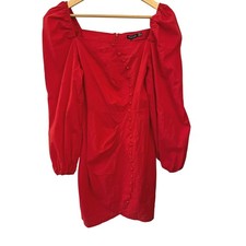 Nasty Gal Mini Dress Womens Size 8 Red NWT Button Detail Ruched Puff Sleeve