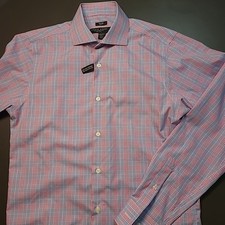 Pronto Uomo Slim Fit Dress Shirt Mens 15 34/35 Blue Pink Check 80s 2-Ply NEW