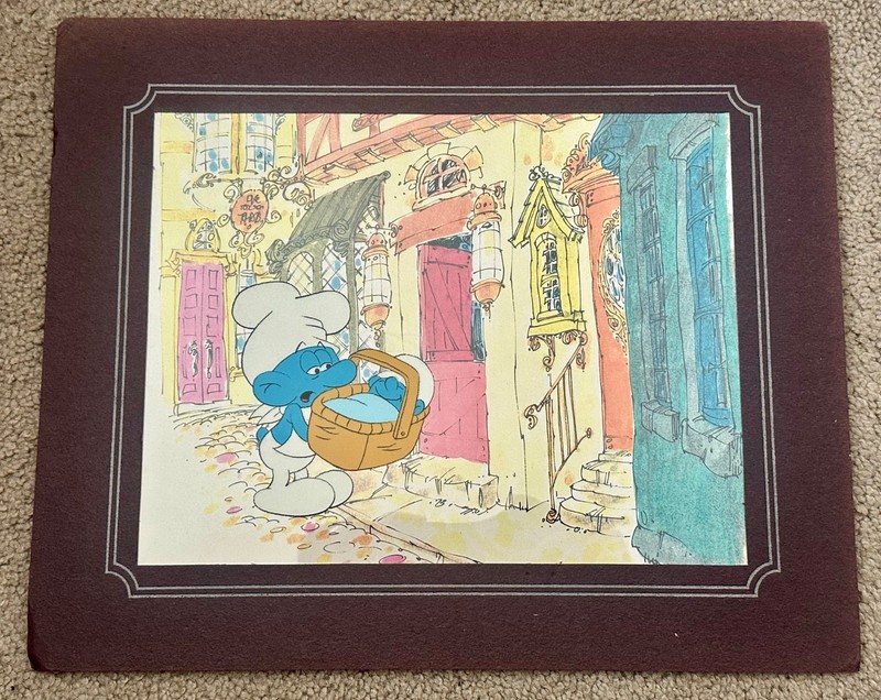 1970’s Hanna Barbera Smurf & baby Smurf Hand Painted Production Cel Signed. COA.