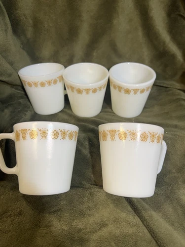 Vintage Pyrex Coffee Cups Mugs Butterfly Gold D Handle Set of 5 (1941)