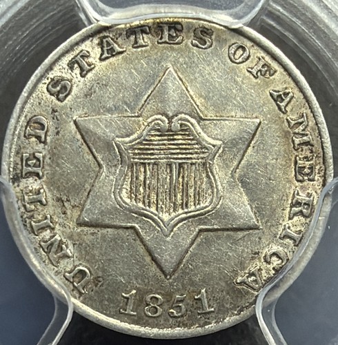 1851 P Three 3 Cent Silver 3cs Piece Type 1 PCGS AU-58 Rare US Type Set Coin