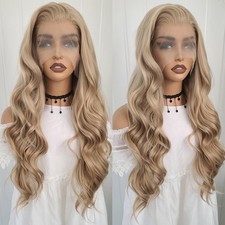 Long Wavy Ash Blonde Mix Lace Front Heat Resistant Wigs Women Soft Natural