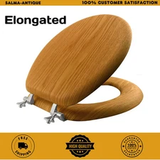 Premium Natural Oak Toilet Seat with Chrome Hinge Elongated Closed Front Wood