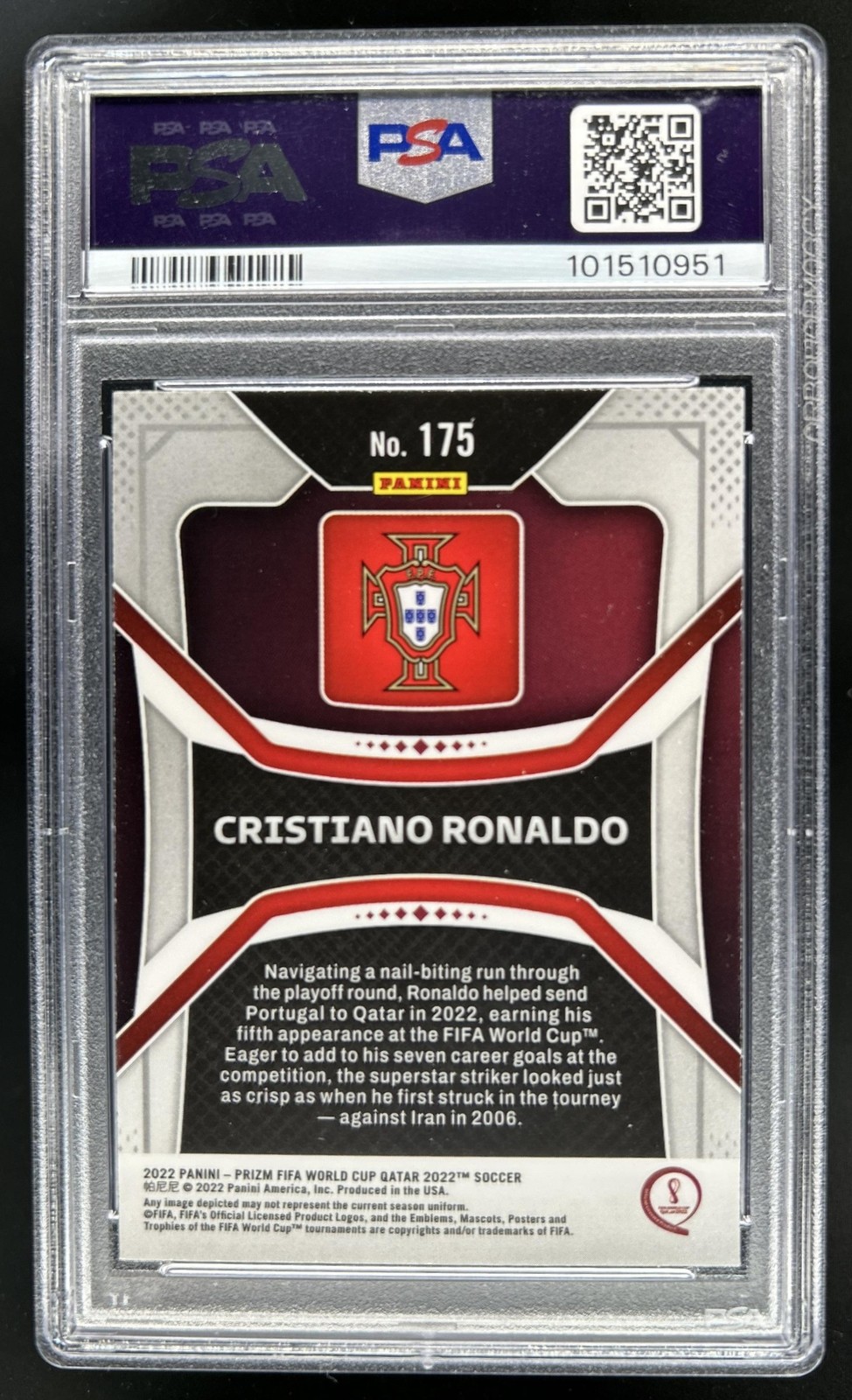 2022-23 Panini Prizm World Cup Cristiano Ronaldo #175 Portugal PSA 8 view 2