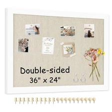 Double-Sided Large Cork Board with Linen, 36" x 24" Hanging Wood Framed Bulle...