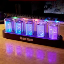 Nixie Tube Desk Clock-RGB LED Display w/Wood Base For PC Monitor/Bedside Decor