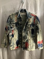 Evolution In Design Denim Jacket Youth Size M. 10/12 Distressed Paint Punk Metal