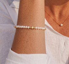3mm AAAAA White Pearl  14k Solid Gold Beaded Gemstone Bracelet
