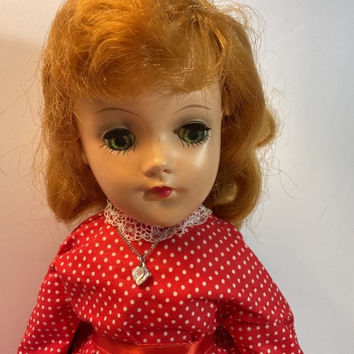Vintage Hard Plastic Doll Made In USA 14 Inch Open Close Eyes In Red White Dress - Picture 2 of 14
