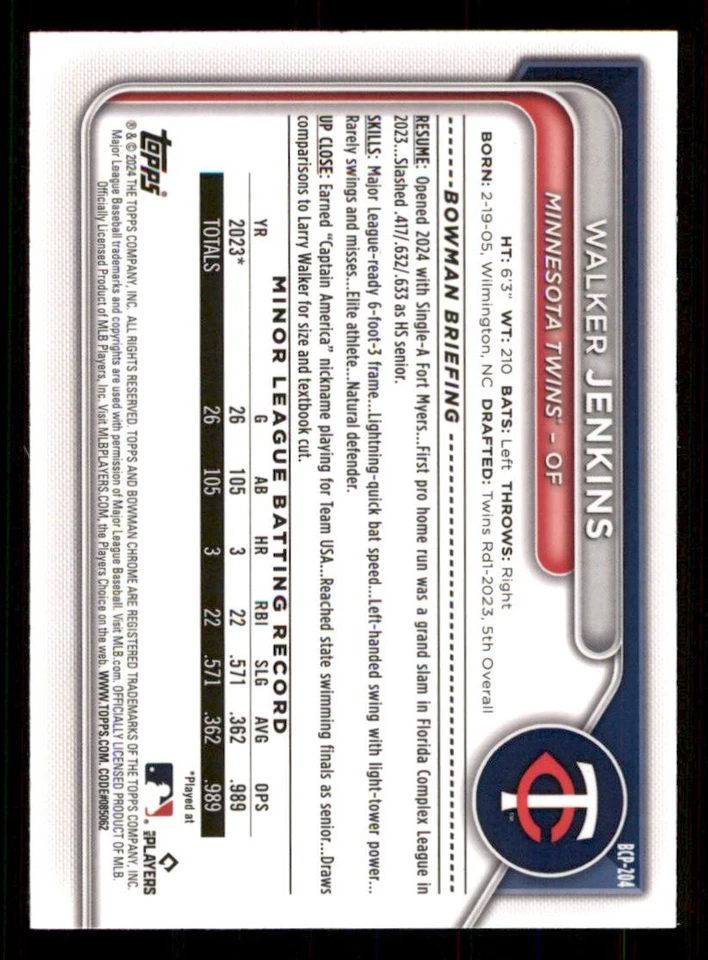 2024 Bowman Chrome Prospects #BCP204 Walker Jenkins - Image 2 of 2