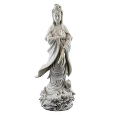 KWAN YIN ON LOTUS PEDESTAL STATUE 12.5" Buddhist Goddess White Marble Resin Quan