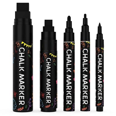 5PCS Black Chalkboard Markers Fine & Jumbo Dry Erase Ink Pens 1mm to 15mm