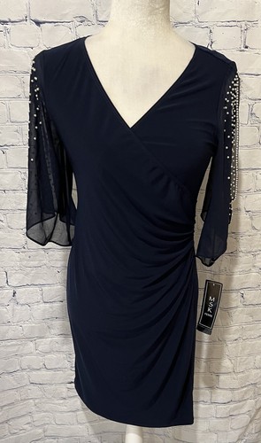 NWT MSK Womens Navy Stretch Embellished Cold Shoulder Sheer Bell Sleeve Petite S - 第 2/11 張圖片